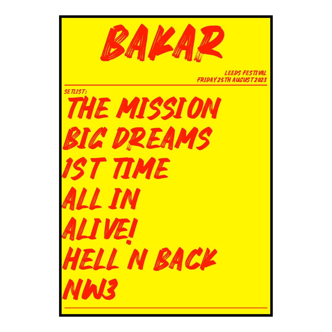 Bakar Bramham 25th August 2023 Setlist poster