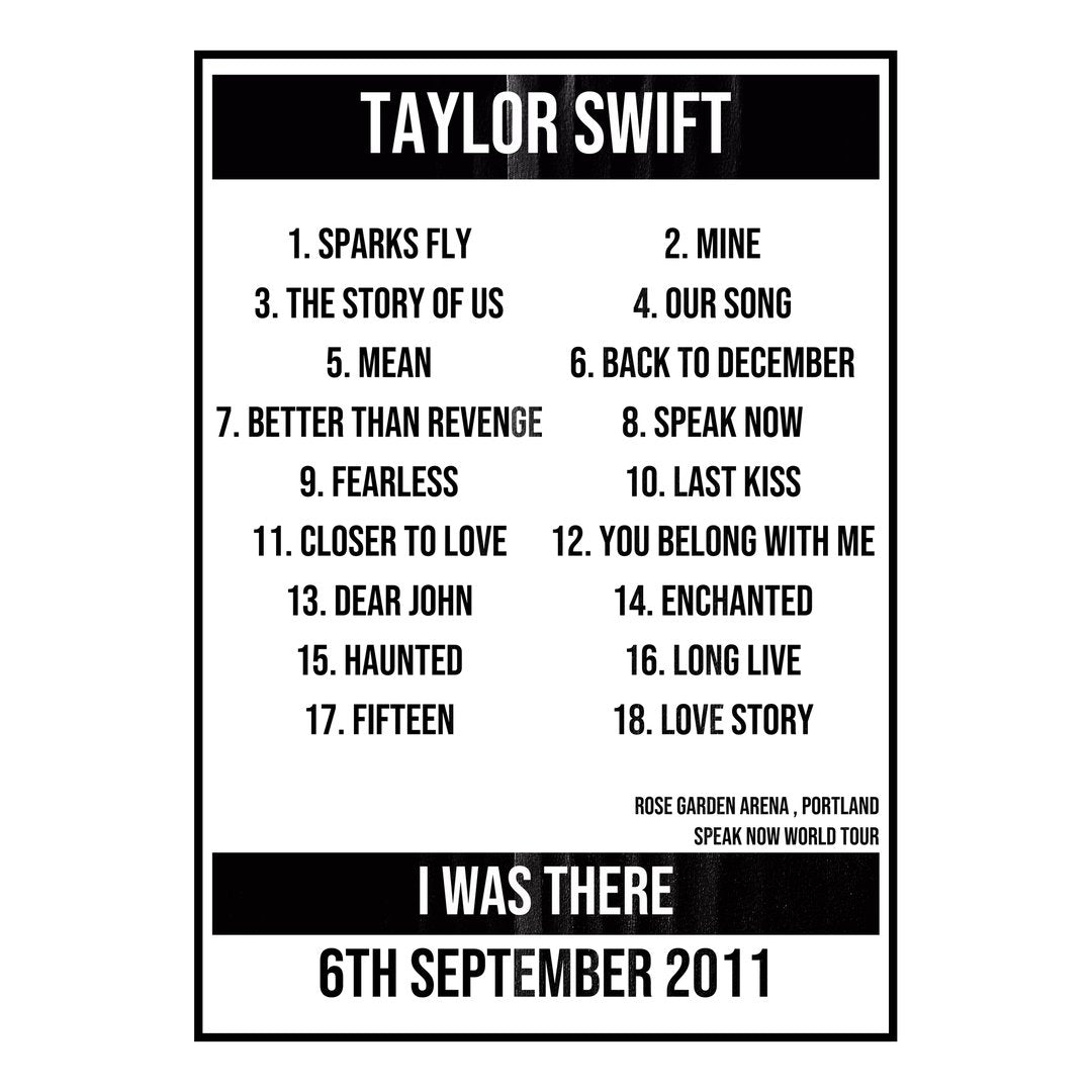 Taylor Swift Portland 6th September 2011 Setlist poster