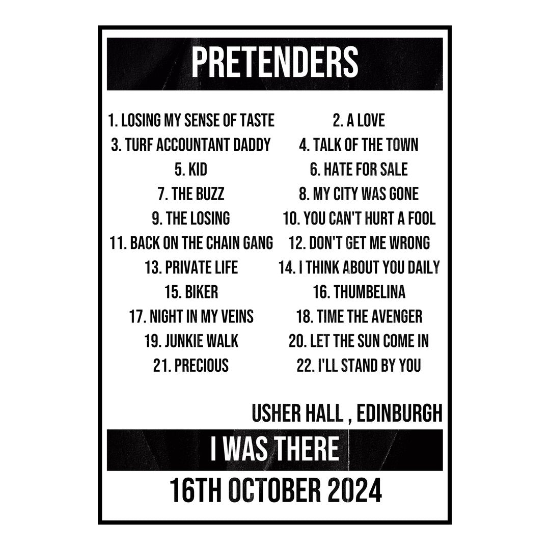 Pretenders Edinburgh 16th October 2024 Setlist poster