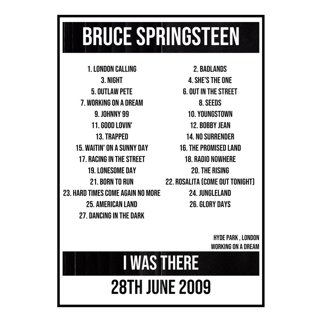 Bruce Springsteen London 28th June 2009 Setlist poster