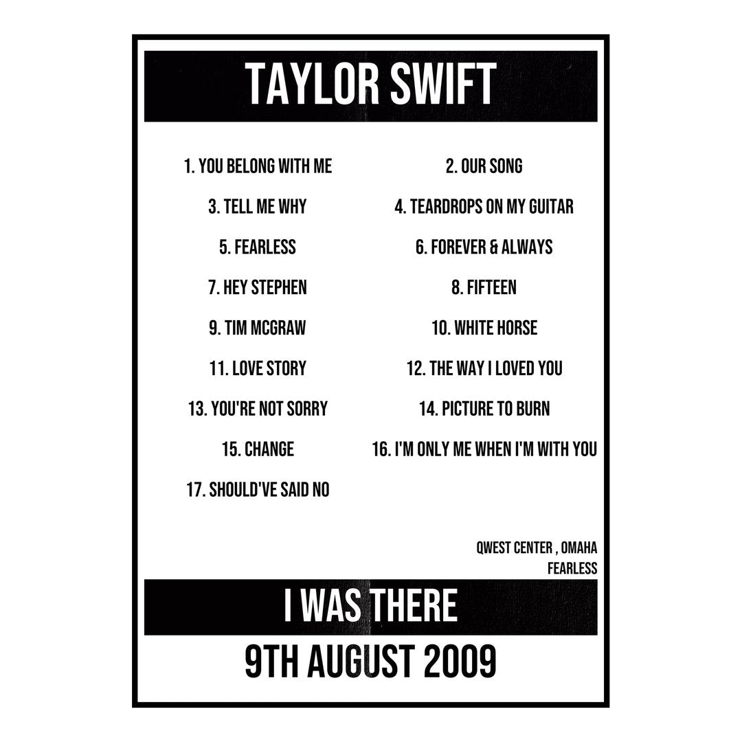 Taylor Swift Omaha 9th August 2009 Setlist poster