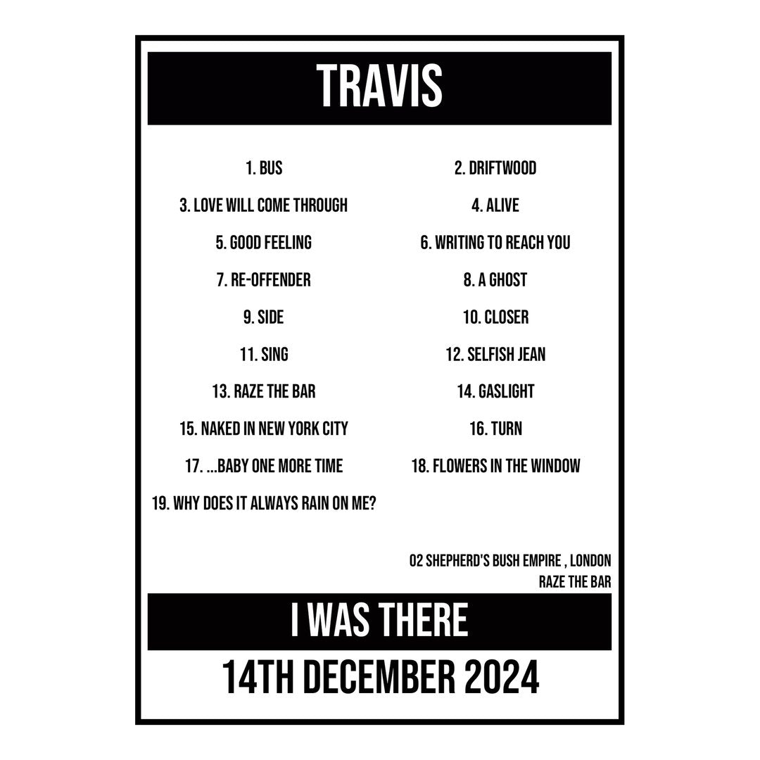 A Setlist Poster Featuring Travis Gig from London in 2024
