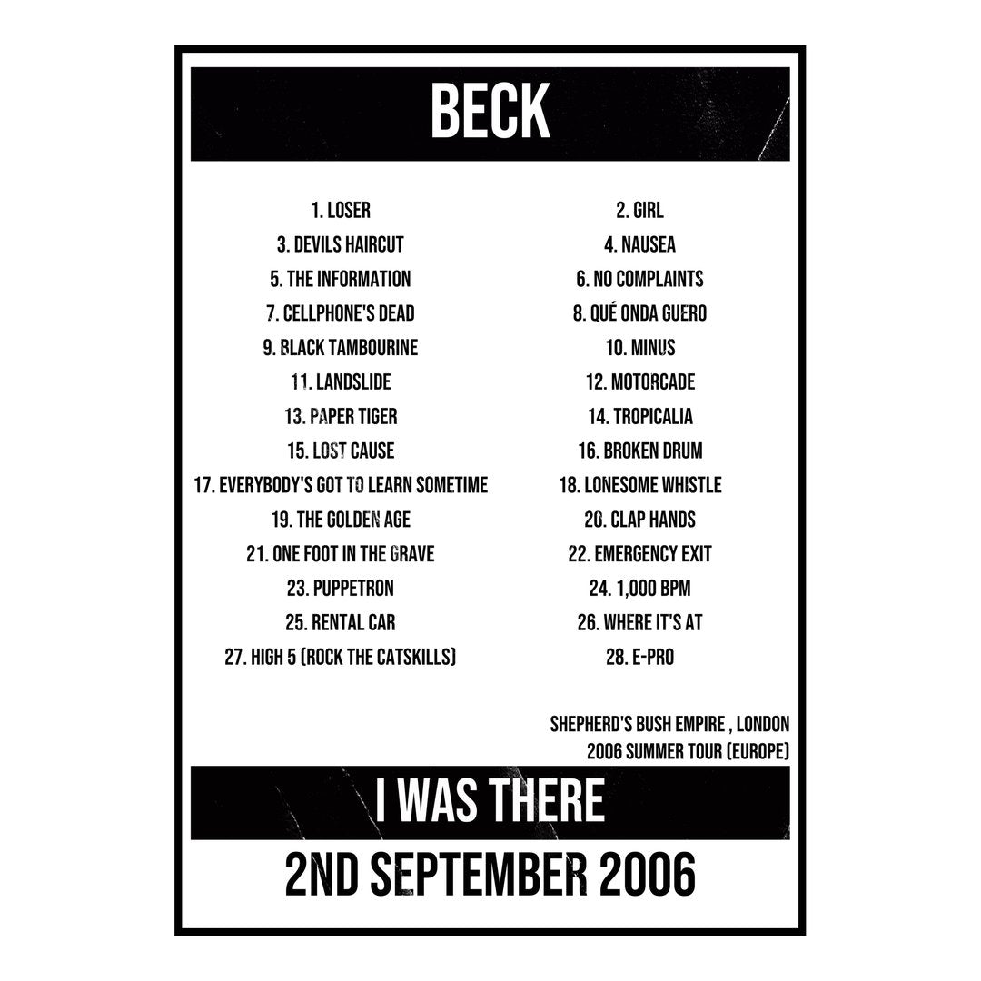 Beck London 2nd September 2006 Setlist poster