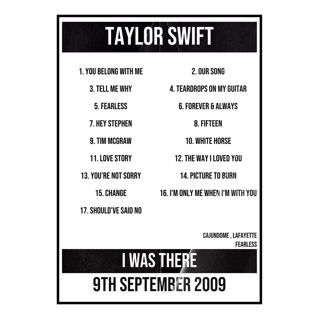 Taylor Swift Lafayette 9th September 2009 Setlist poster