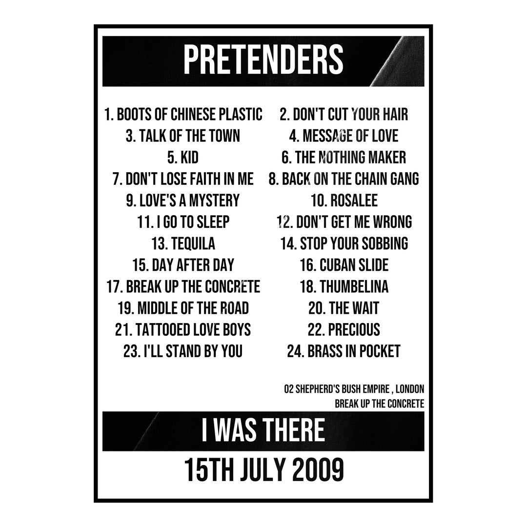 Pretenders London 15th July 2009 Setlist poster