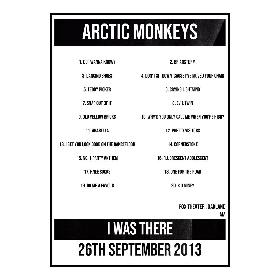 Arctic Monkeys Oakland 26th September 2013 Setlist poster