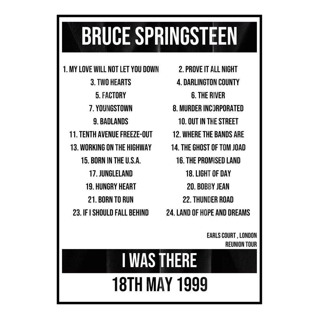 Bruce Springsteen London 18th May 1999 Setlist poster