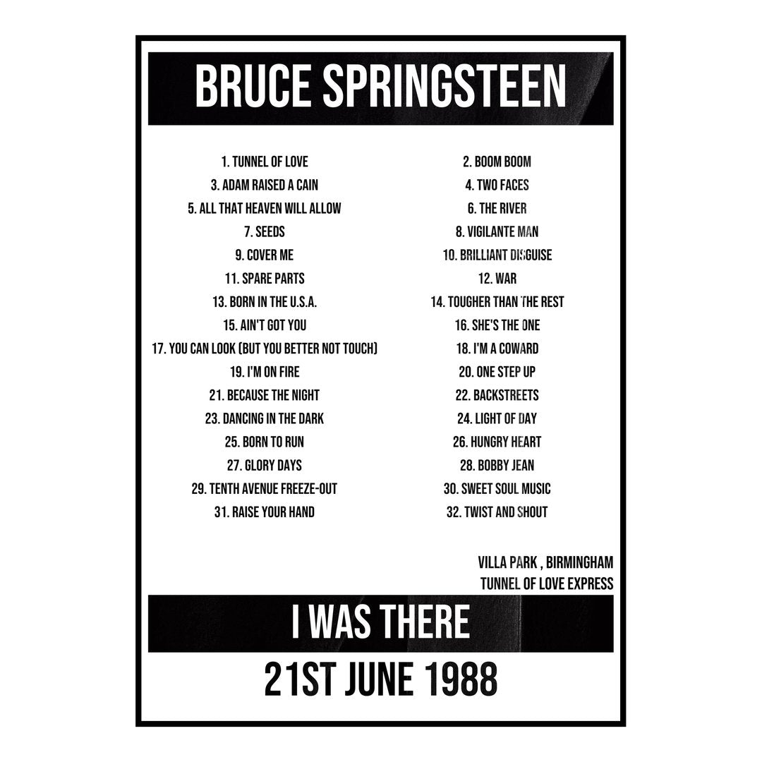 Bruce Springsteen Birmingham 21st June 1988 Setlist poster