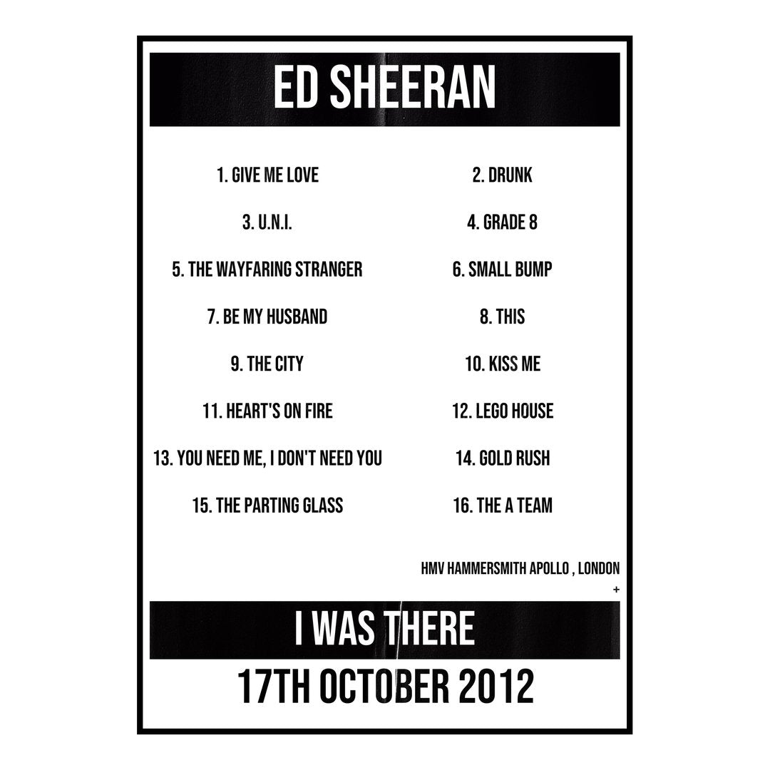 Ed Sheeran London 17th October 2012 Setlist poster