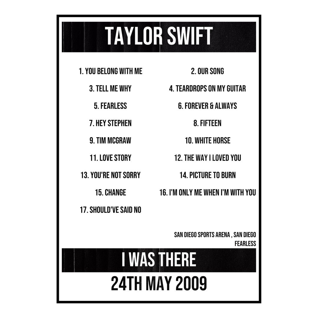 Taylor Swift San Diego 24th May 2009 Setlist poster