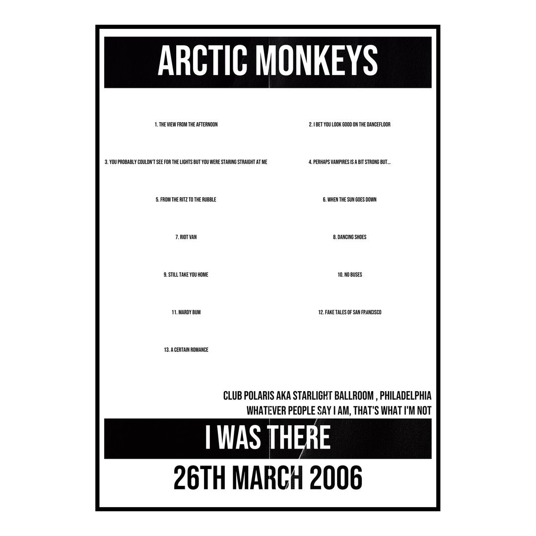 Arctic Monkeys Philadelphia 26th March 2006 Setlist poster