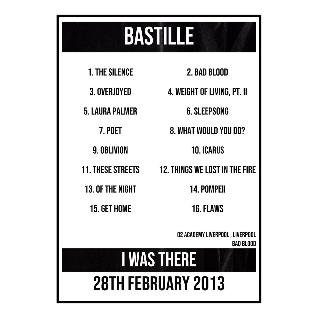 Bastille Liverpool 28th February 2013 Setlist poster