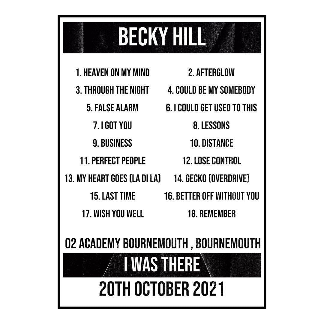 Becky Hill Bournemouth 20th October 2021 Setlist poster