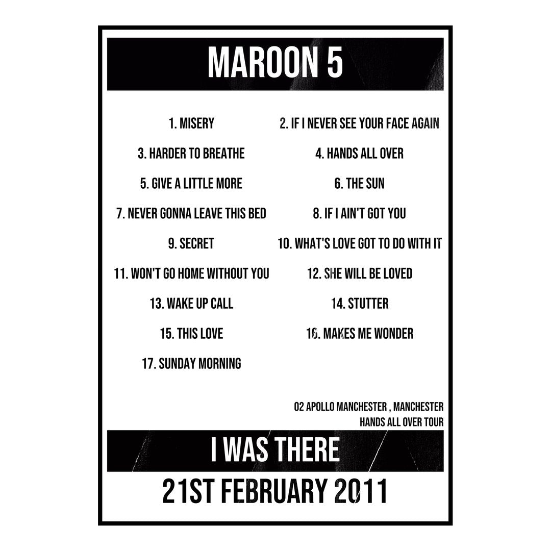 Maroon 5 Manchester 21st February 2011 Setlist poster