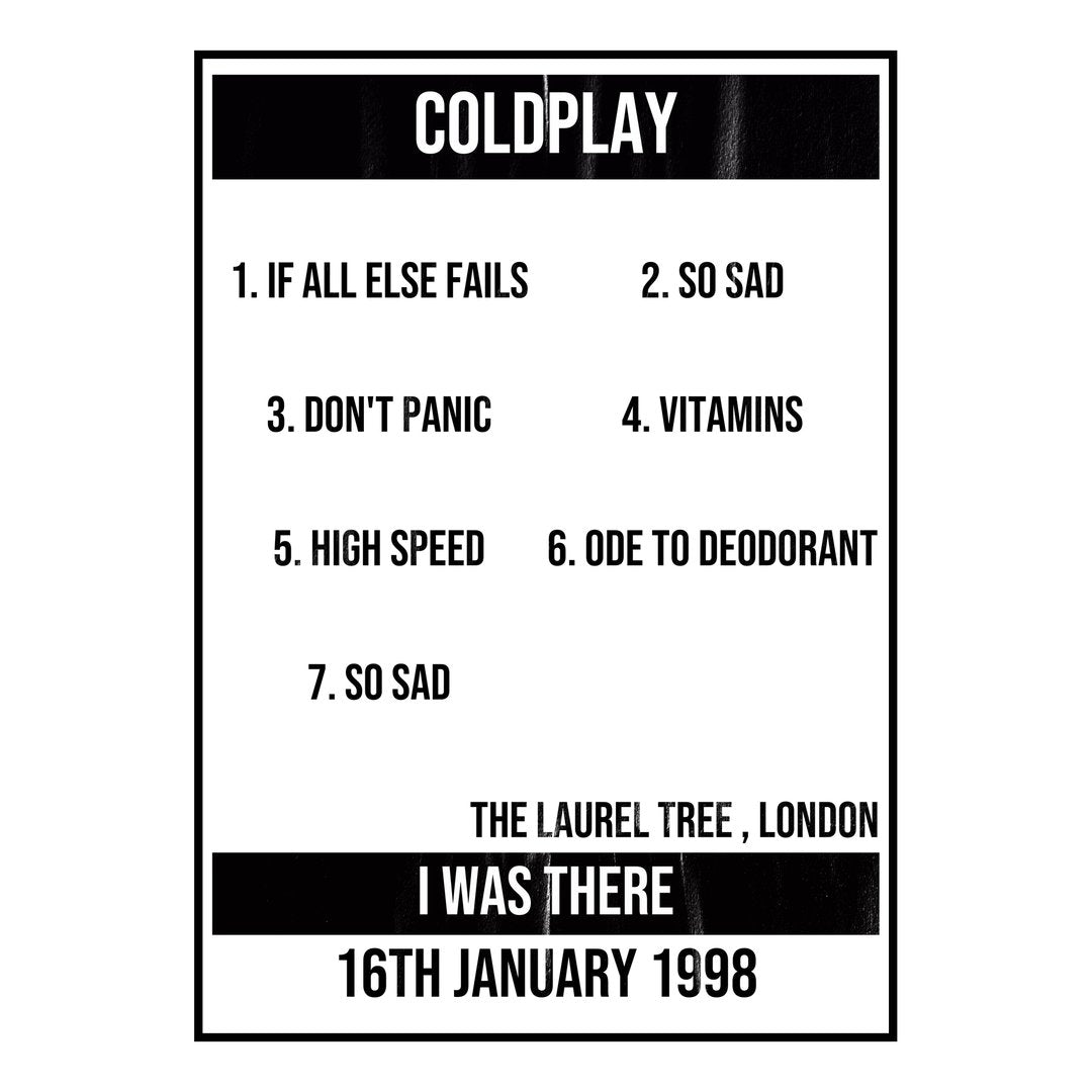 Coldplay London 16th January 1998 Setlist poster