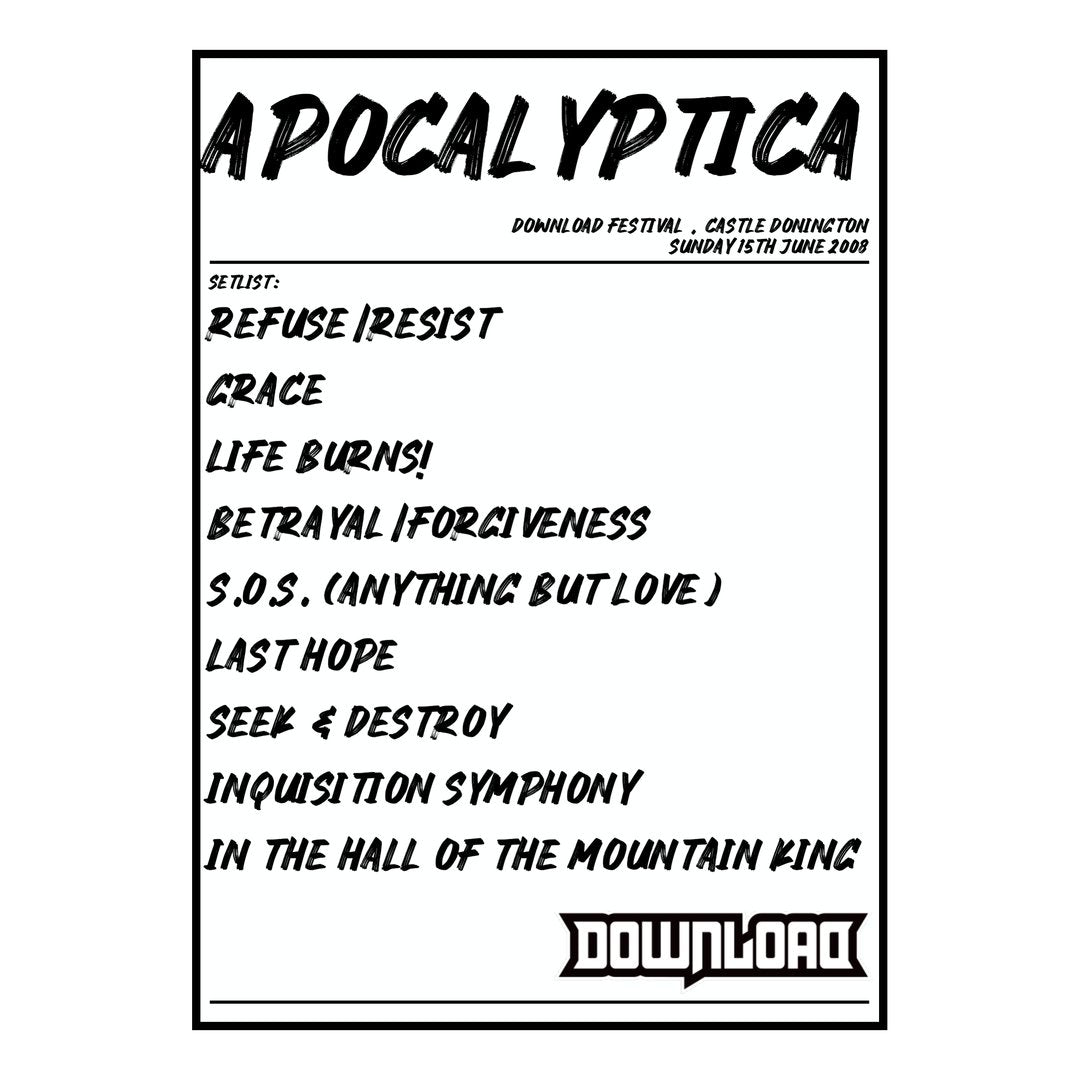Apocalyptica Castle Donington 15th June 2008 Setlist poster