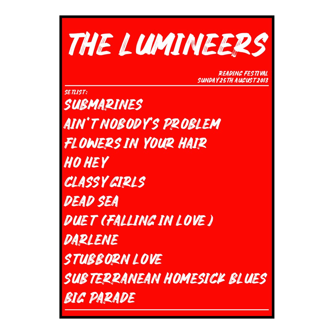 The Lumineers Reading 25th August 2013 Setlist poster