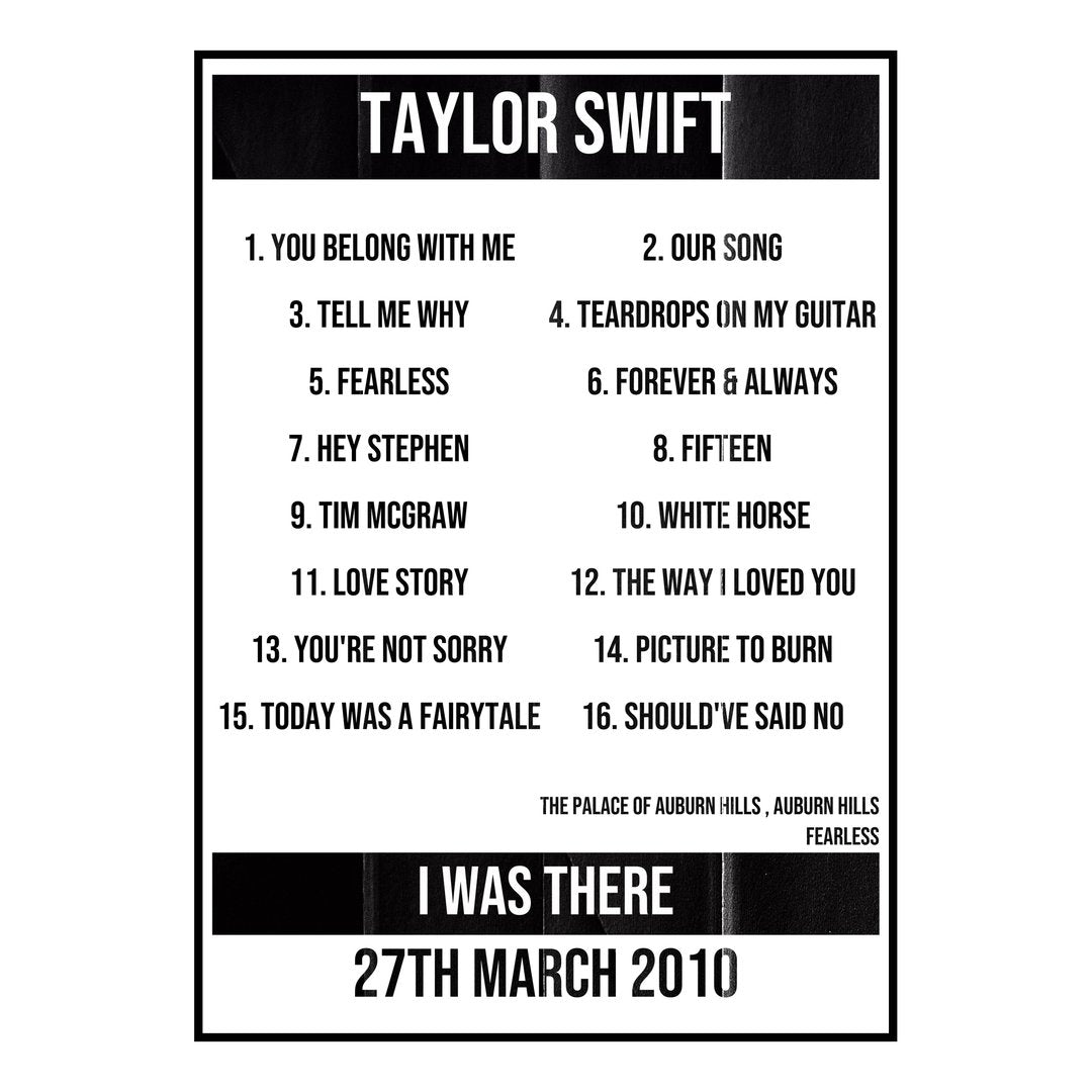 Taylor Swift Auburn Hills 27th March 2010 Setlist poster