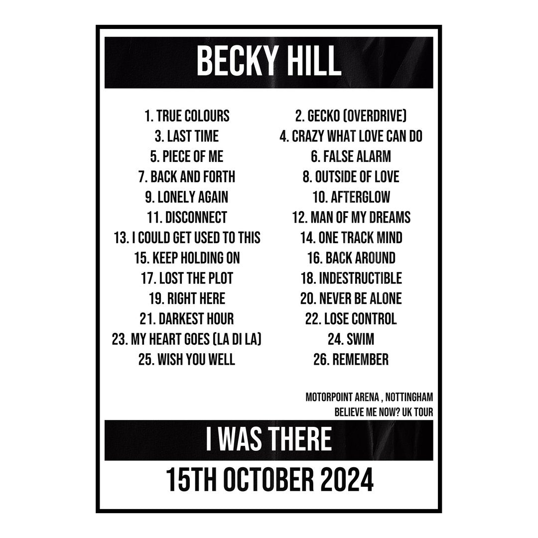 Becky Hill Nottingham 15th October 2024 Setlist poster