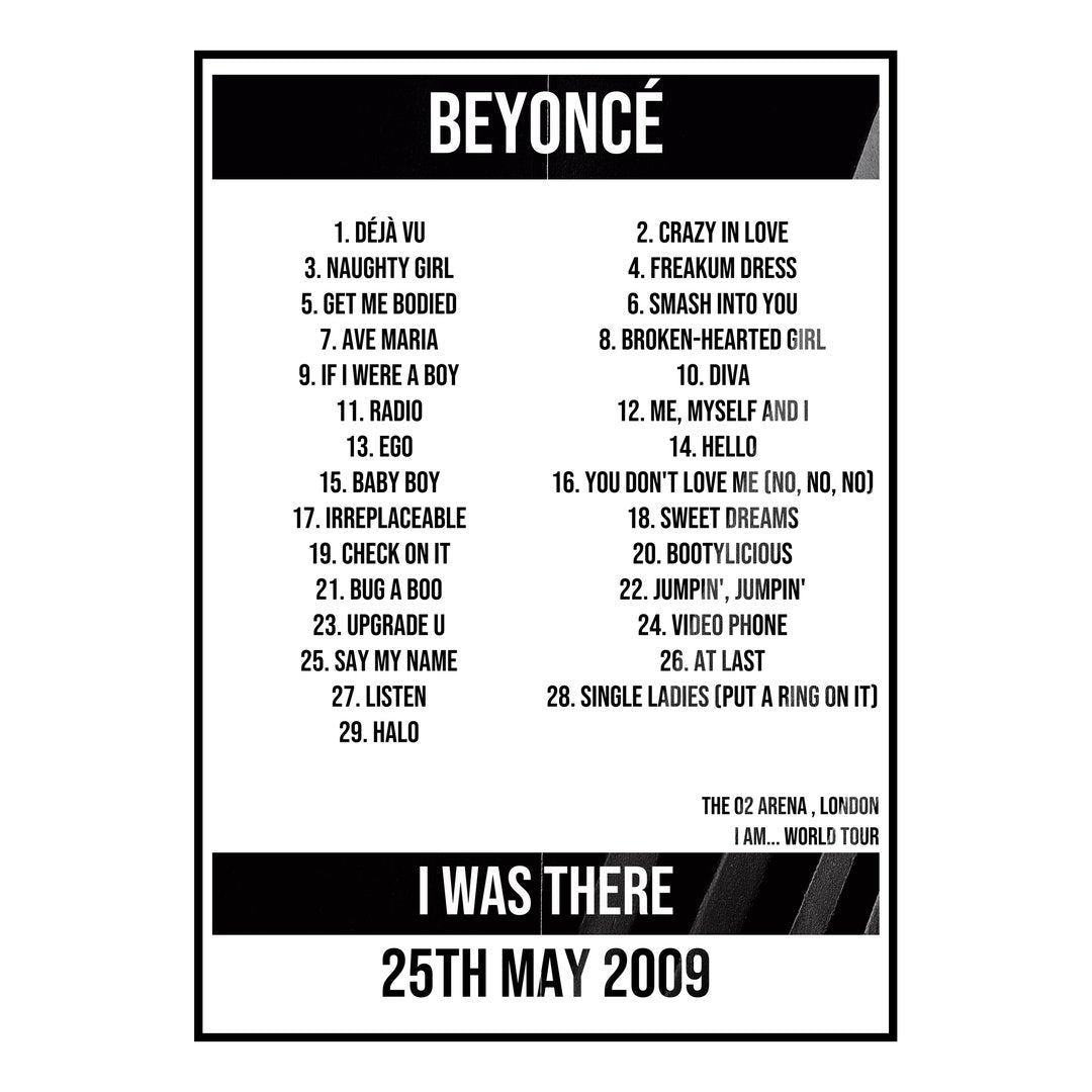Beyoncé London 25th May 2009 Setlist poster