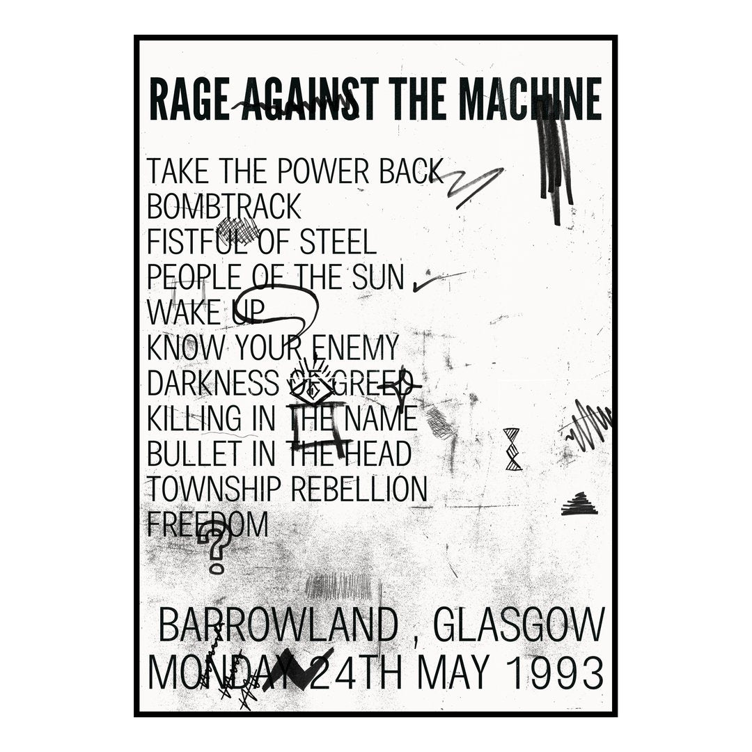 Rage Against the Machine Glasgow 24th May 1993 Setlist poster