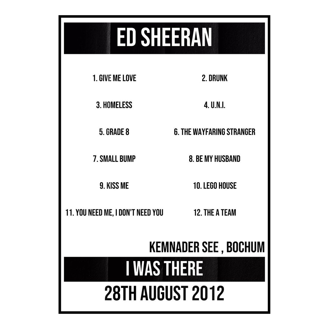 Ed Sheeran Bochum 28th August 2012 Setlist poster