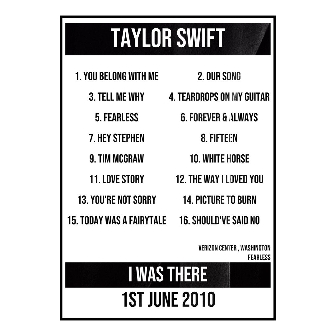 Taylor Swift Washington 1st June 2010 Setlist poster