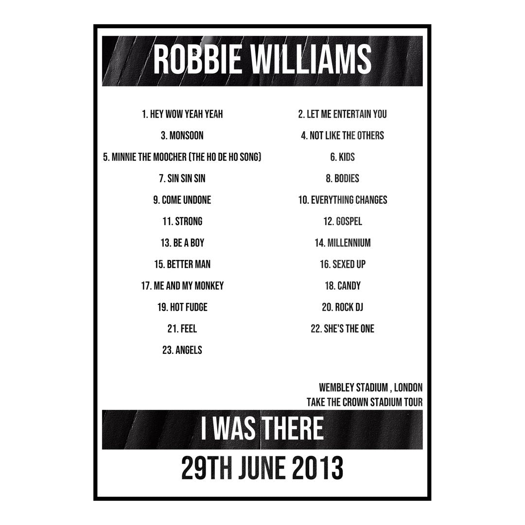 Robbie Williams London 29th June 2013 Setlist poster