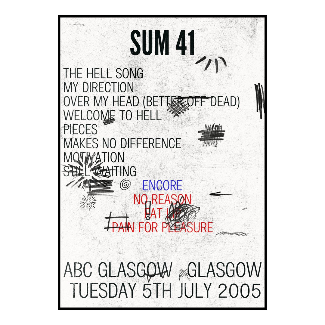 Sum 41 Glasgow 5th July 2005 Setlist poster