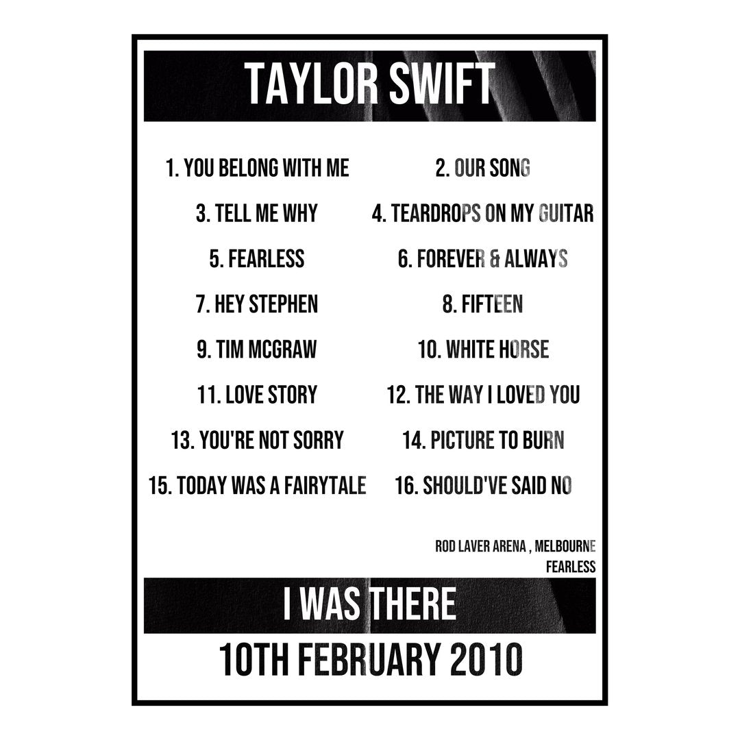 Taylor Swift Melbourne 10th February 2010 Setlist poster