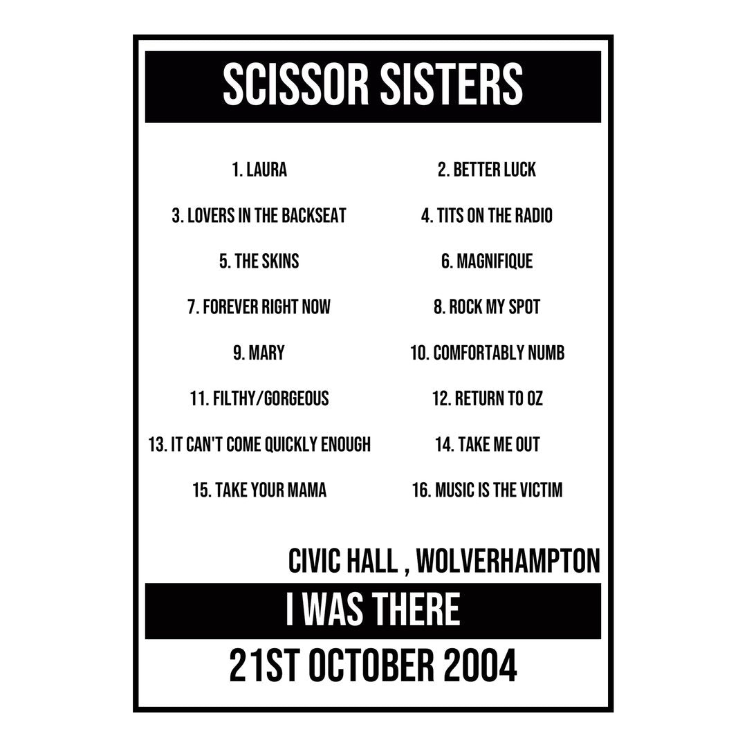 A Setlist Poster Featuring Scissor Sisters Gig from Wolverhampton in 2004