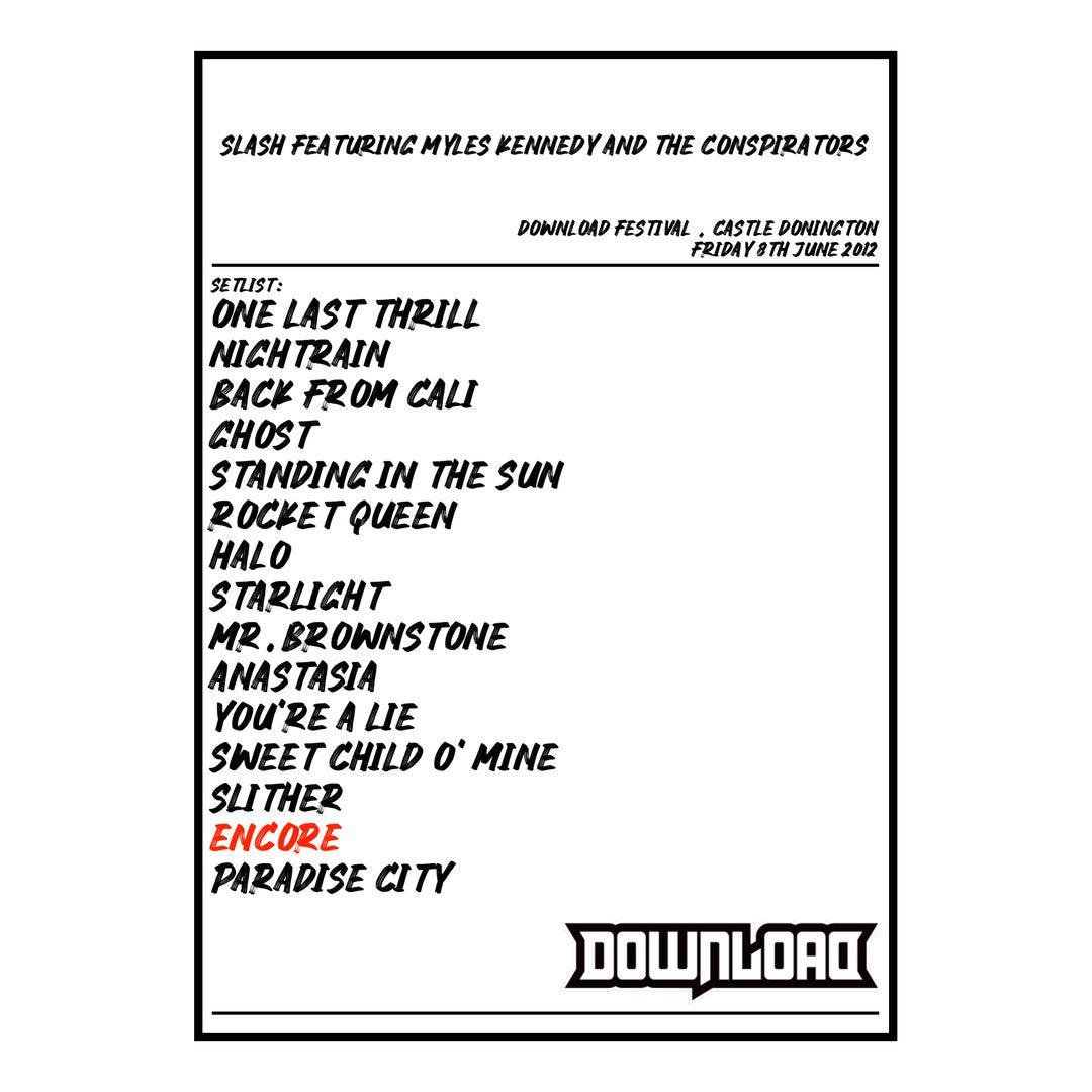 Slash featuring Myles Kennedy and the Conspirators Castle Donington 8th June 2012 Setlist poster