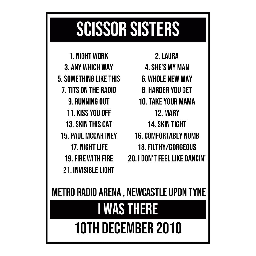 A Setlist Poster Featuring Scissor Sisters Gig from Newcastle upon Tyne in 2010