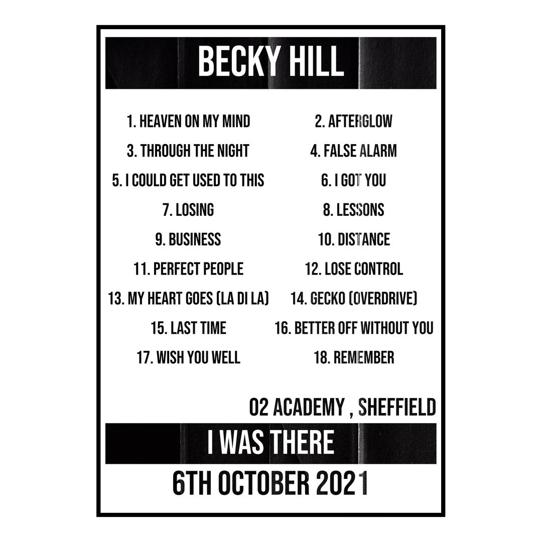 Becky Hill Sheffield 6th October 2021 Setlist poster