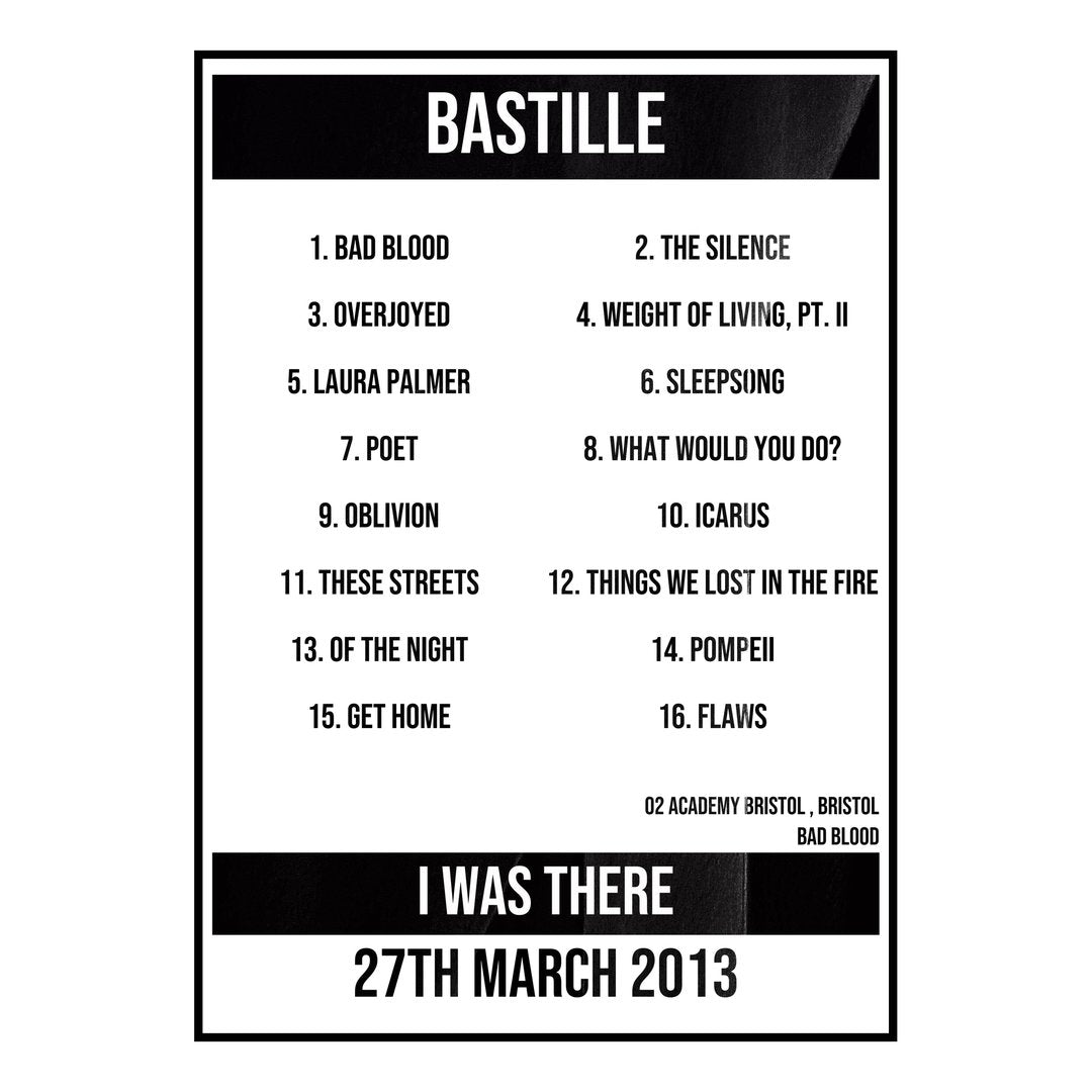 Bastille Bristol 27th March 2013 Setlist poster