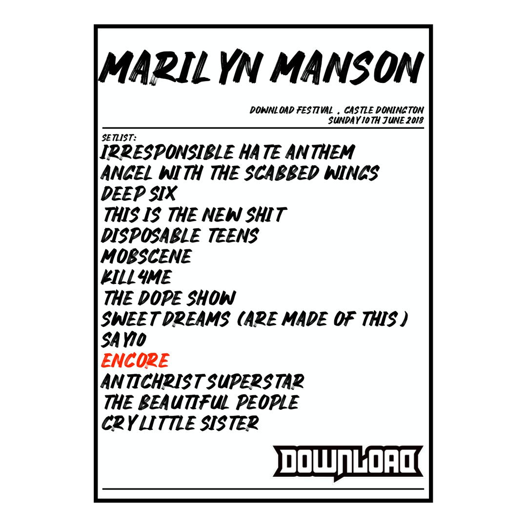 Marilyn Manson Castle Donington 10th June 2018 Setlist poster