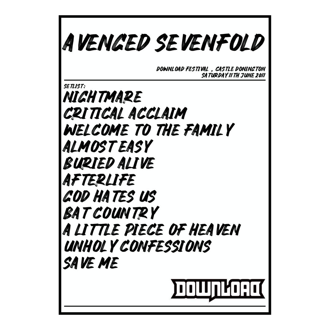 Avenged Sevenfold Castle Donington 11th June 2011 Setlist poster