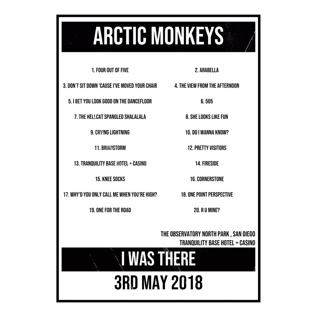 Arctic Monkeys San Diego 3rd May 2018 Setlist poster