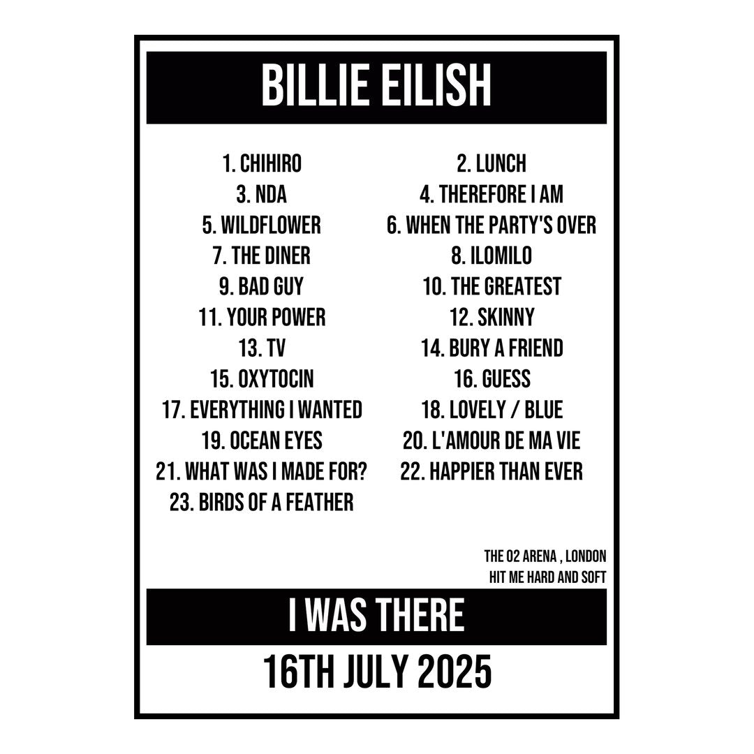 A Setlist Poster Featuring Billie Eilish Gig from London in 2025