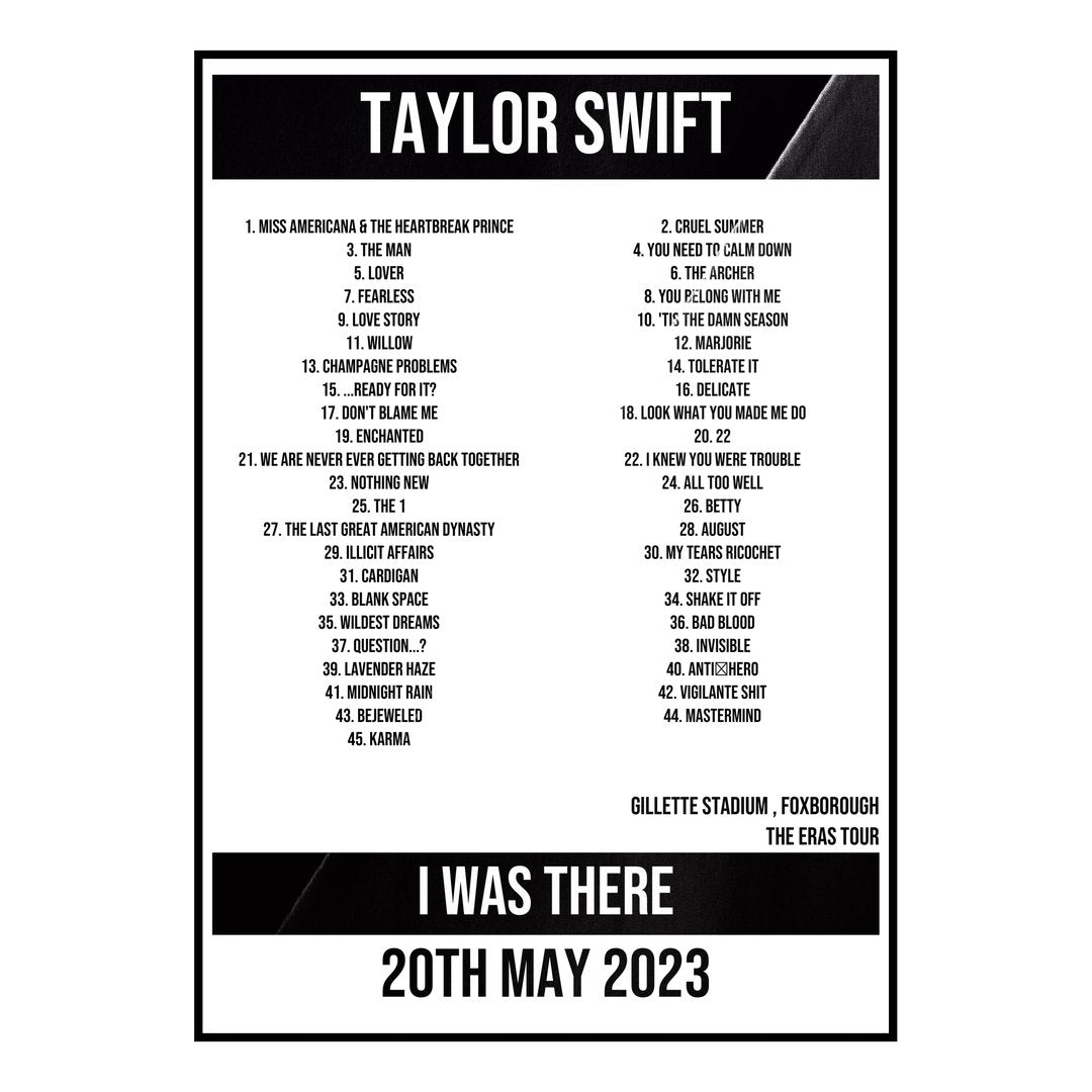 Taylor Swift Foxborough 20th May 2023 Setlist poster