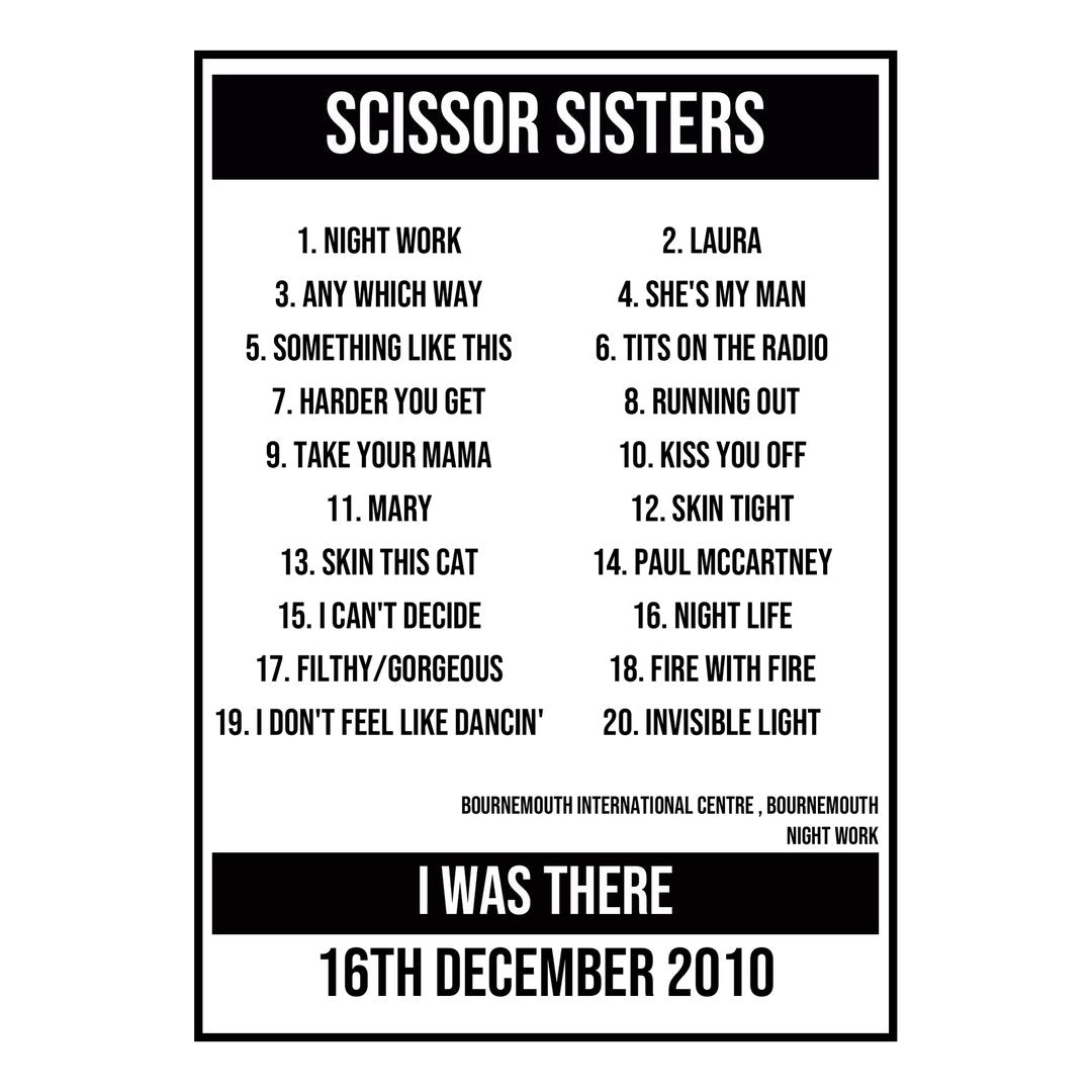 A Setlist Poster Featuring Scissor Sisters Gig from Bournemouth in 2010