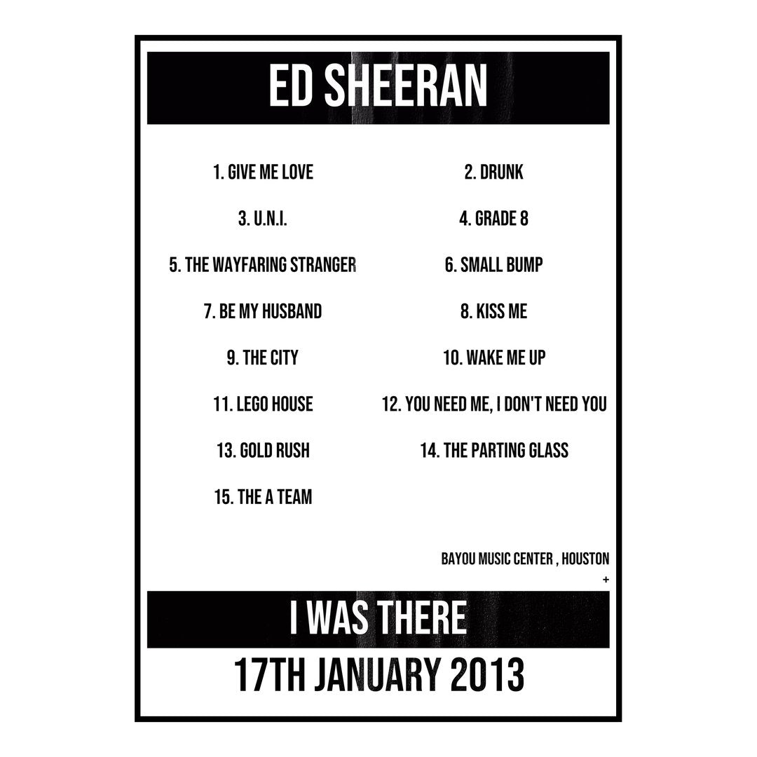 Ed Sheeran Houston 17th January 2013 Setlist poster