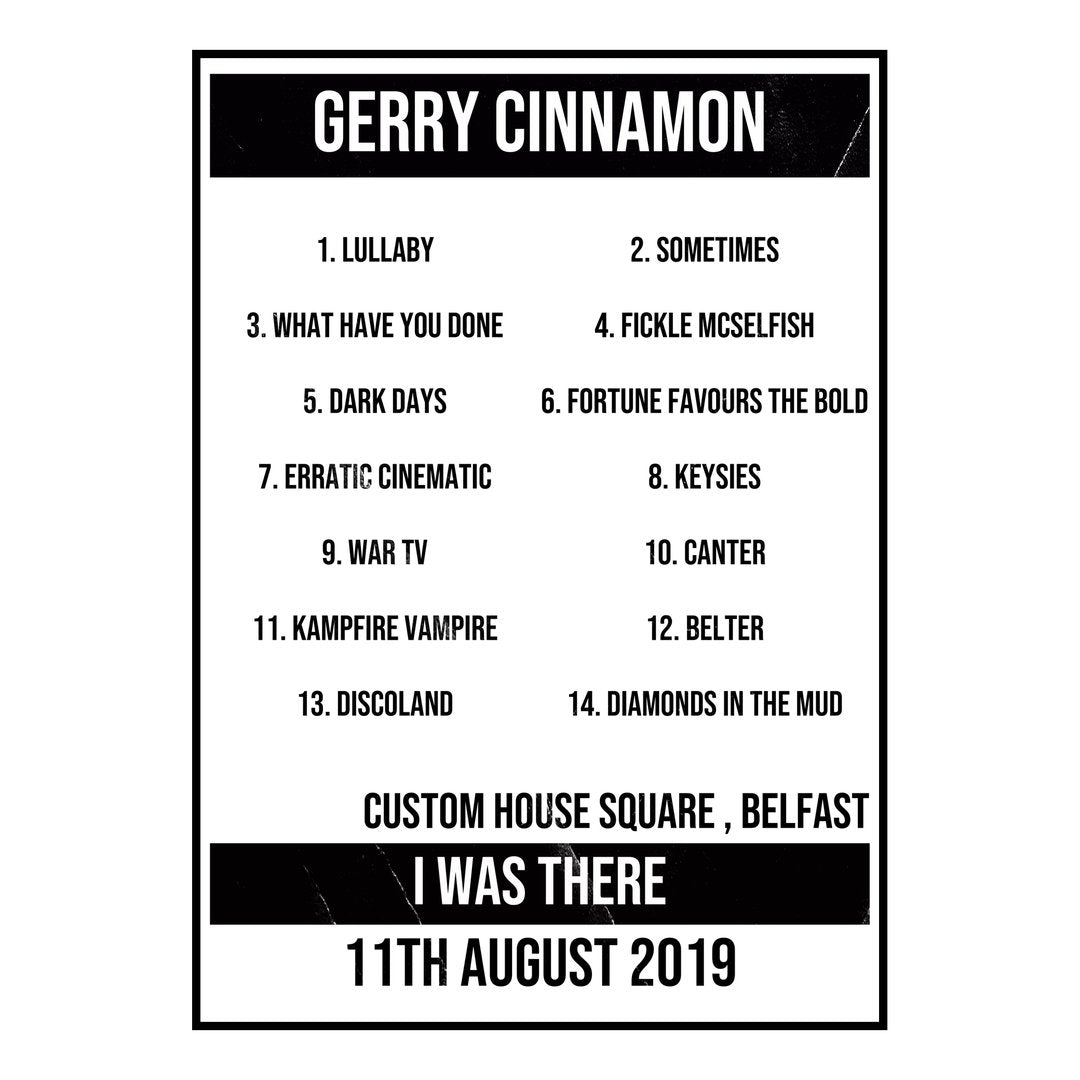 Gerry Cinnamon Belfast 11th August 2019 Setlist poster