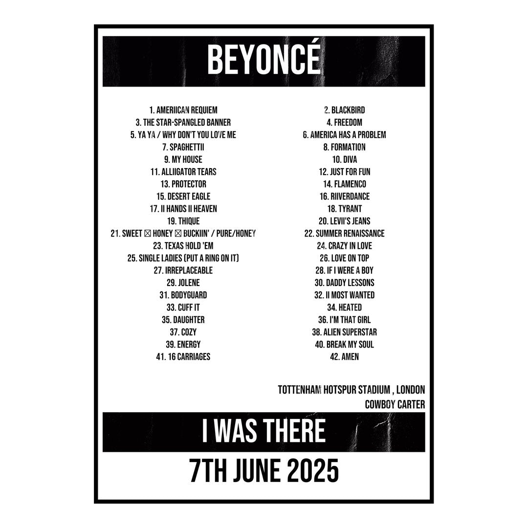 Beyoncé London 7th June 2025 Setlist poster