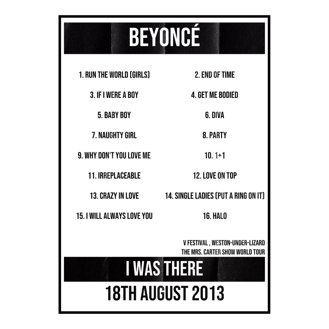 Beyoncé Weston-under-Lizard 18th August 2013 Setlist poster