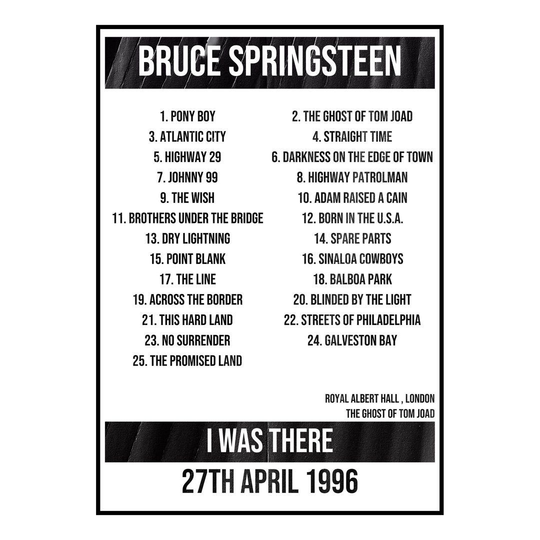 Bruce Springsteen London 27th April 1996 Setlist poster