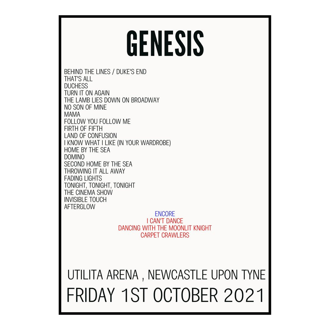 A Setlist Poster Featuring Genesis Gig from Newcastle upon Tyne in 2021