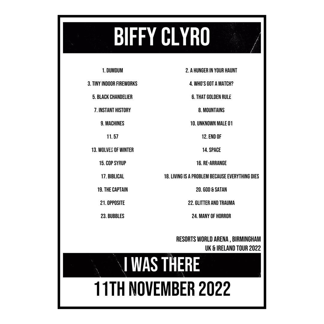 Biffy Clyro Birmingham 11th November 2022 Setlist poster