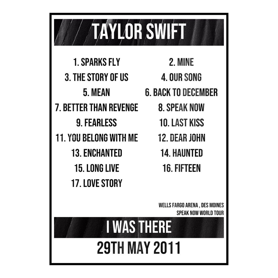 Taylor Swift Des Moines 29th May 2011 Setlist poster