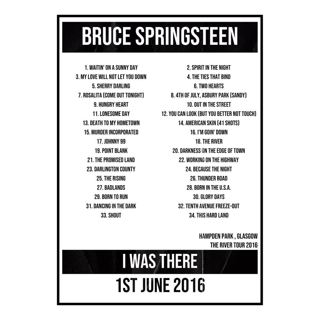 Bruce Springsteen Glasgow 1st June 2016 Setlist poster